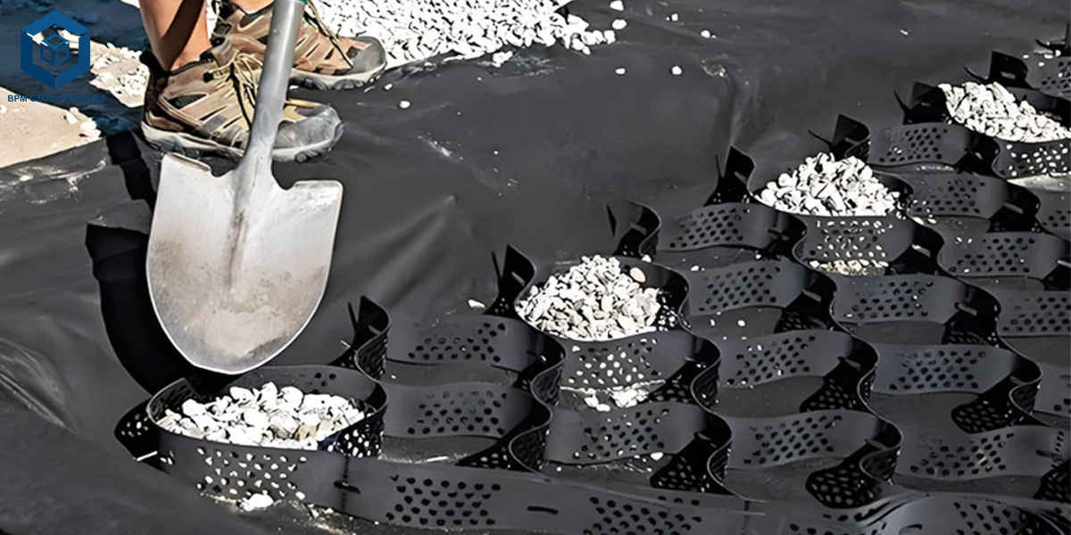 Installation von Geozellen für Kiesauffahrten und Bodenstabilisierung